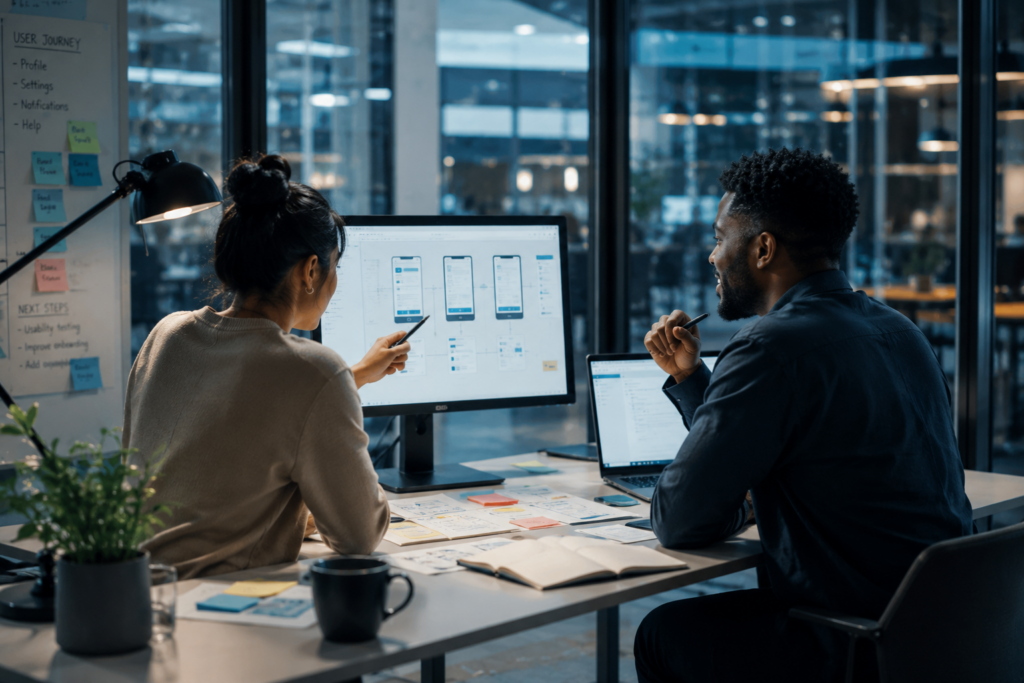 Two professionals reviewing a business continuity and disaster recovery plan in a modern office