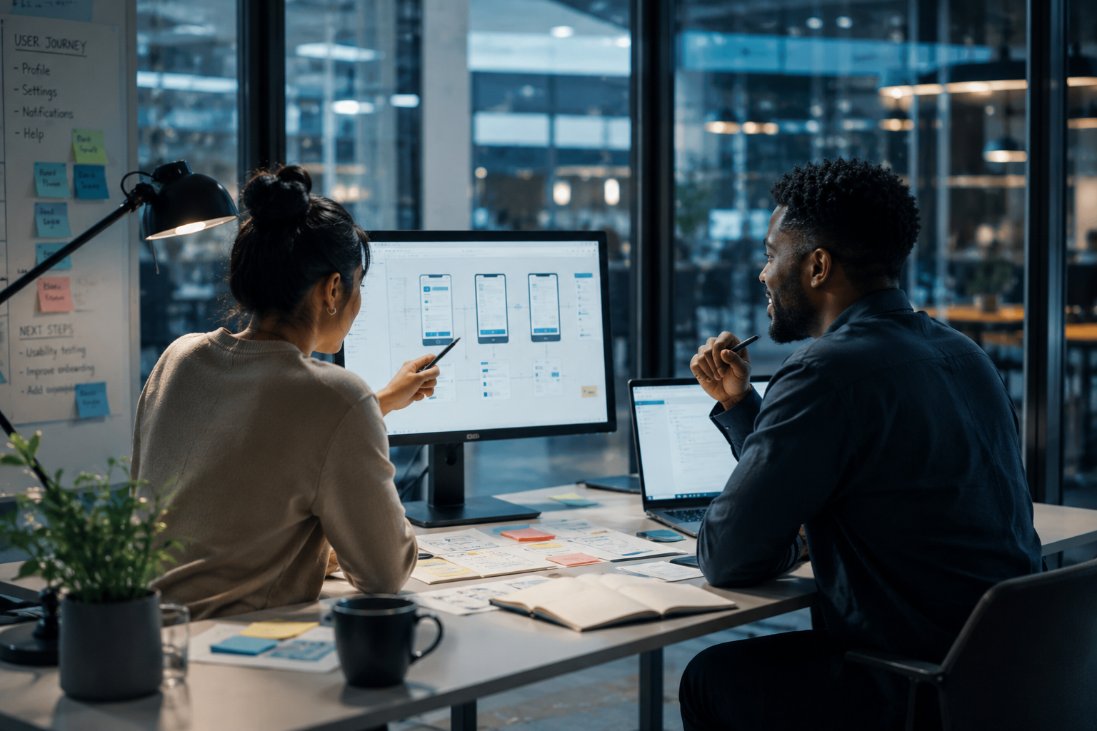 Two professionals reviewing a business continuity and disaster recovery plan in a modern office