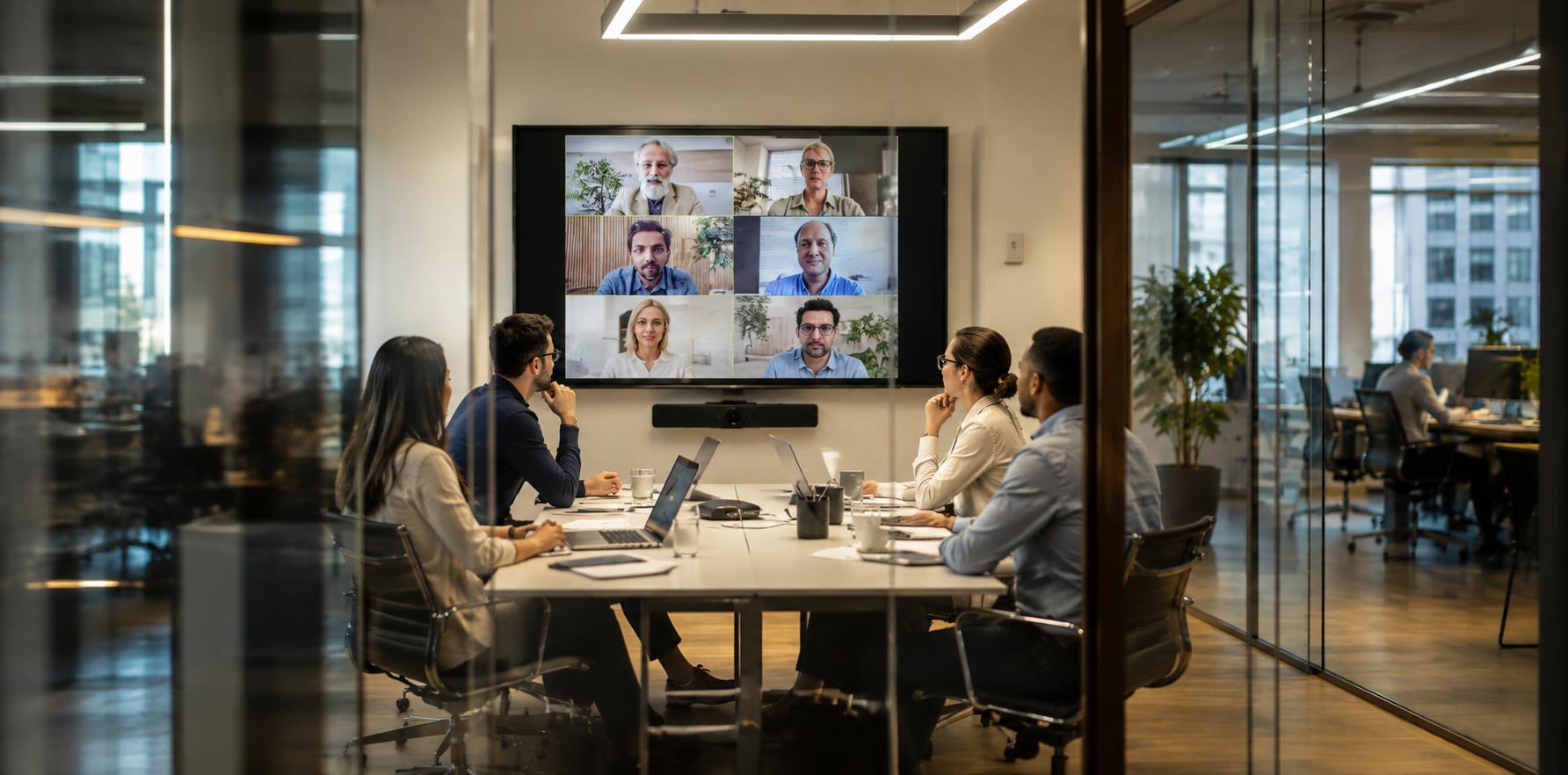 Office team on a Microsoft Teams video call in a modern meeting room