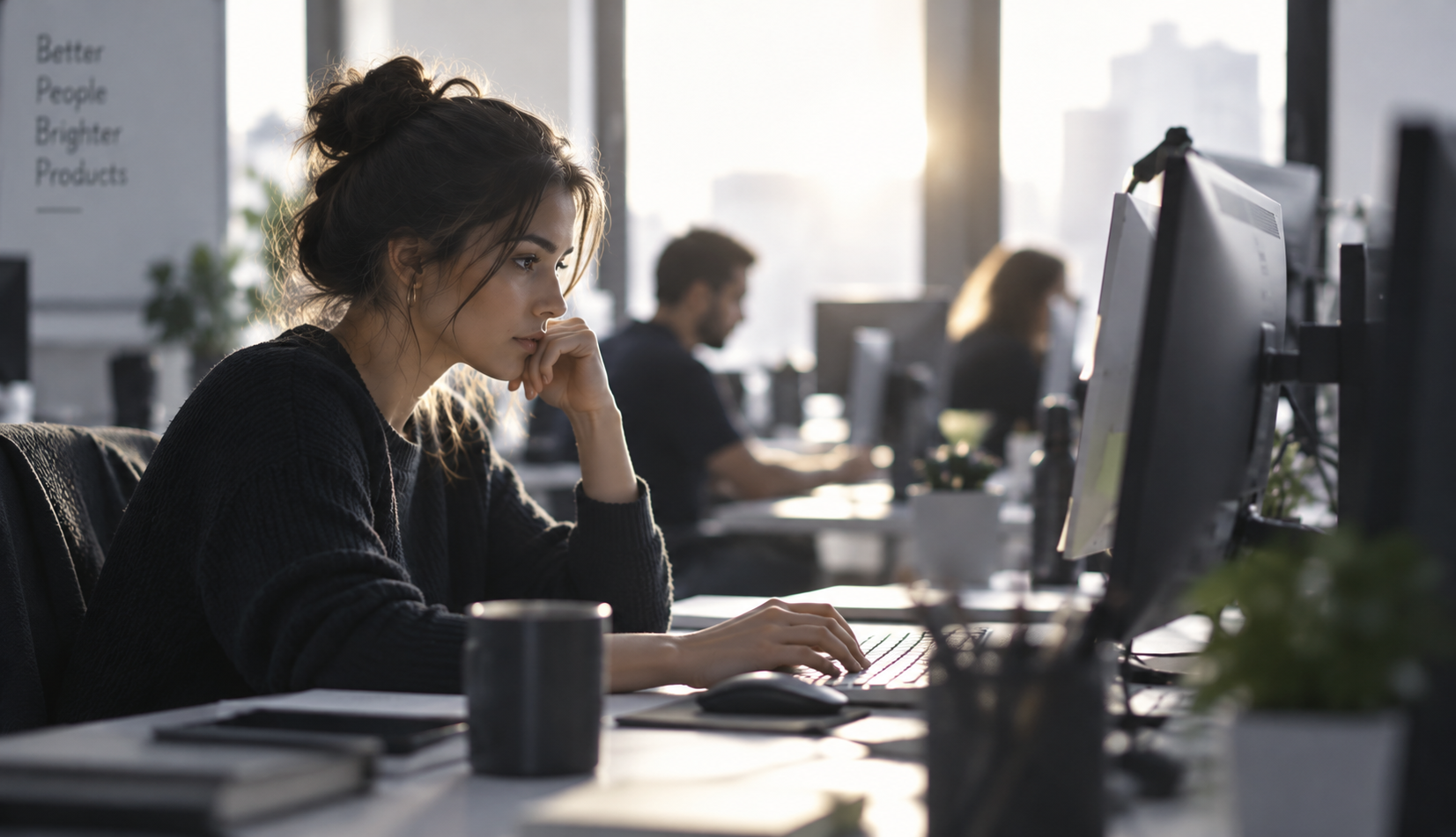 Employee focused on computer screen, representing cybersecurity awareness training for UK businesses